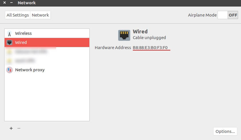 If you want to know the MAC address of your wired connection, click on "Wired"