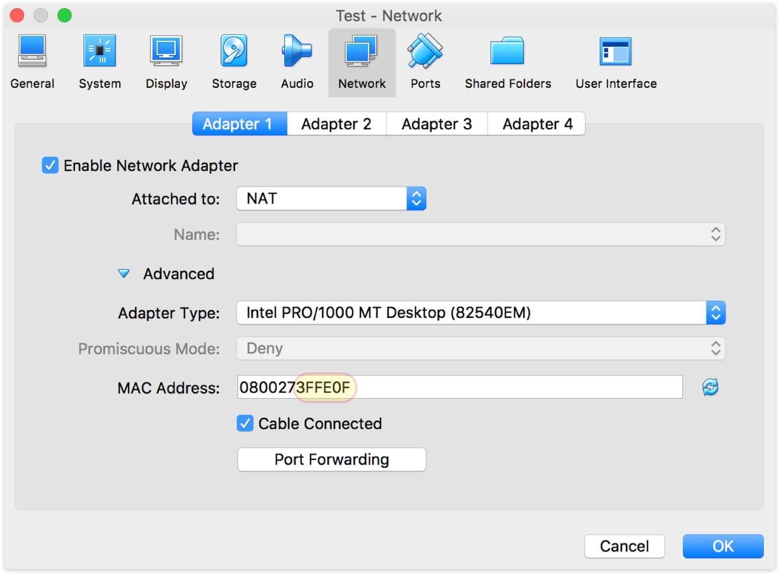 Once new VM has been created with the VirtualBox GUI, it has a MAC address with OUI prefix set automatically.