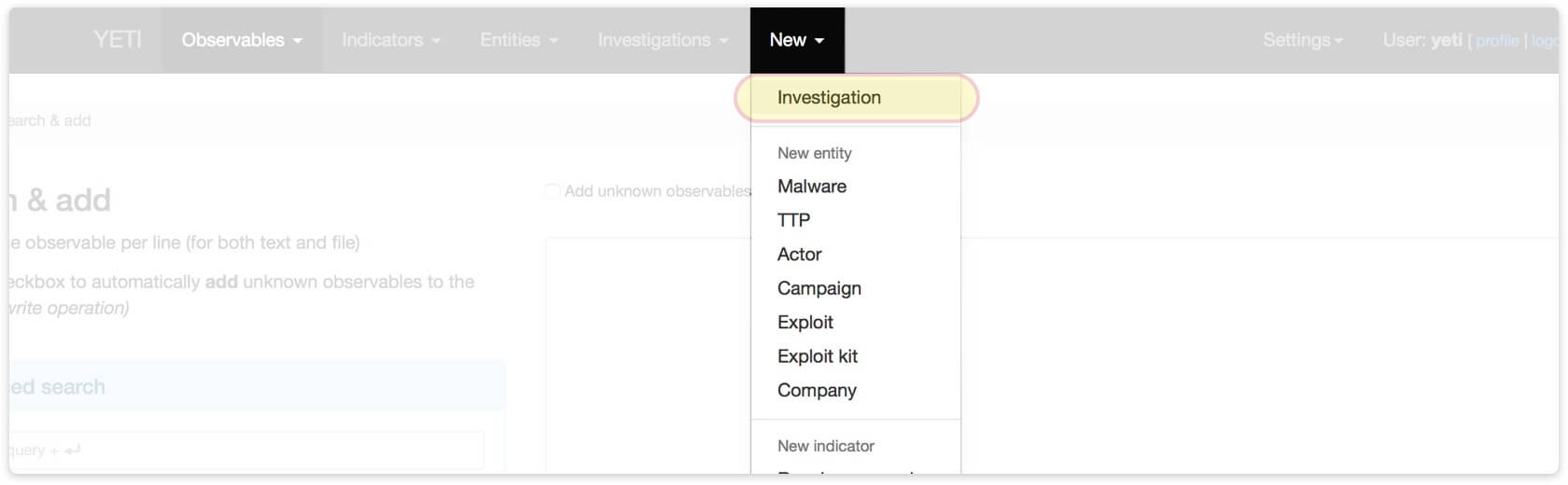 Create new investigation. Go to 'New' > 'Investigation'